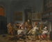 inomhus av en taverna med människor som dricker och spelar musik - Jan Steen — vy av konstverket