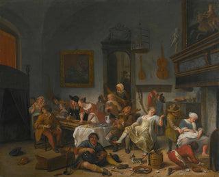 inomhus av en taverna med människor som dricker och spelar musik - Jan Steen — vy av konstverket