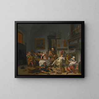 inomhus av en taverna med människor som dricker och spelar musik - Jan Steen — inramlat konstverk på väggen