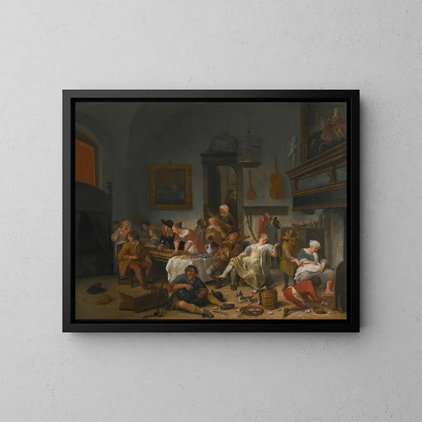 inomhus av en taverna med människor som dricker och spelar musik - Jan Steen — inramlat konstverk på väggen