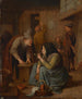 ett interiör av en taverna med en kvinna som röker pipa och en man som skär tobak - Jan Steen — vy av konstverket