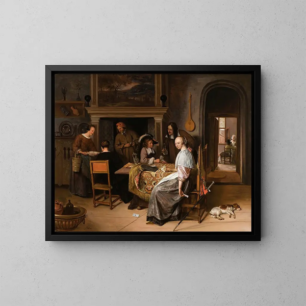En elegant sällskap i ett inre med figurer som spelar kort vid ett bord - Jan Steen — inramlat konstverk på väggen