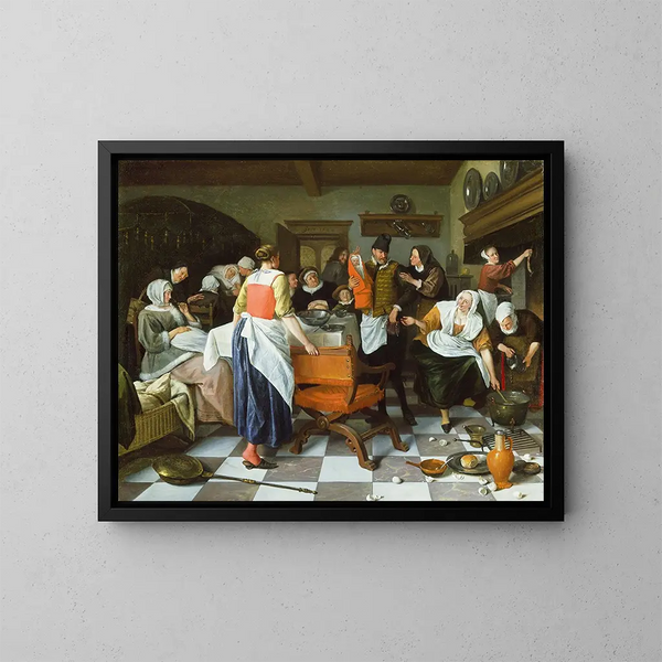 Firandet av födelsen - Jan Steen — inramlat konstverk på väggen