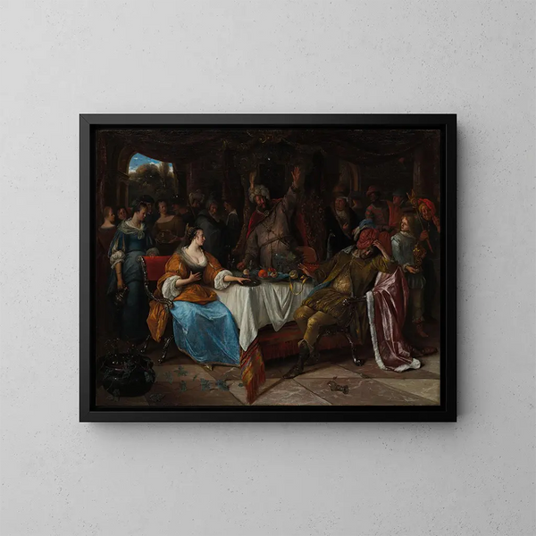 Esther, Assuérus och Haman - Jan Steen — inramlat konstverk på väggen