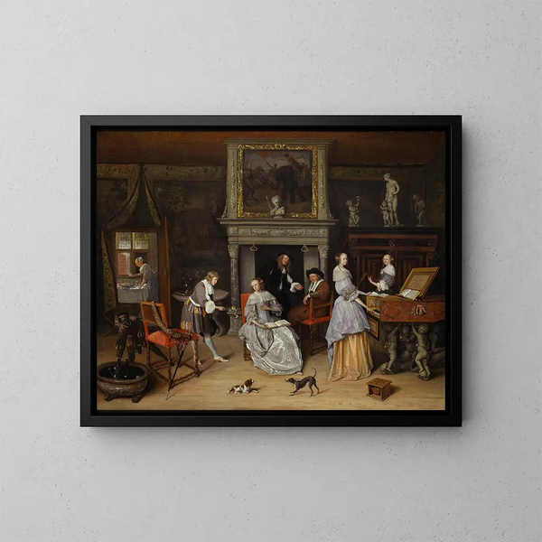 Fantastiskt inomhusmålning med Jan Steen och Gerrit Schoutens familj - Jan Steen — inramlat konstverk på väggen
