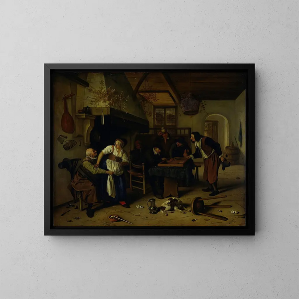 Inomhusmålning av ett värdshus med en äldre man som har roligt med värdinnan och två män som spelar backgammon, känt som Två sorters spel - Jan Steen — inramlat konstverk på väggen