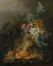 En stilleben med blommor, persikor, druvor och en skalad apelsin, allt vila på ett bord - Jan van der Waarden — vy av konstverket