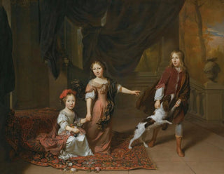 Jan Verkolje - A Portrait Of Two Sisters And Their Brother Playing With A Dog.webp