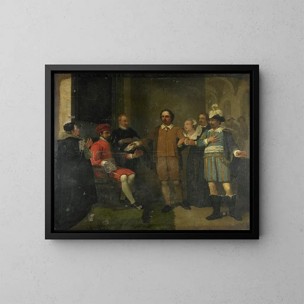 Jacob Simonsz de Rijk övertygande den spanska generalguvernören Requesens att släppa Marnix van Sint Aldegonde 1575 - Jan Willem Pieneman — inramlat konstverk på väggen