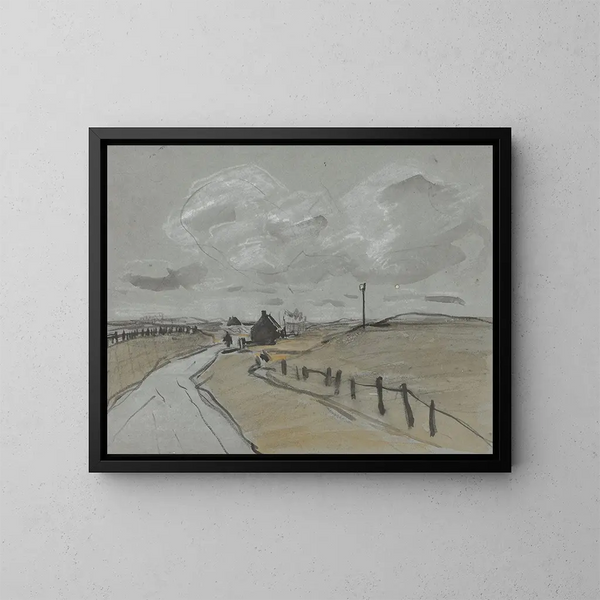 Vue le long d'un chemin avec de hautes berge et des clôtures - Jan van Essen — inramlat konstverk på väggen