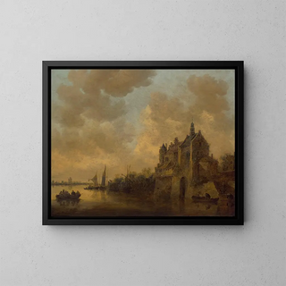 ett flodlandskap med ett herrgård, båtar och andra farkoster - Jan van Goyen — inramlat konstverk på väggen