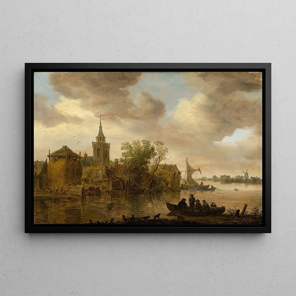 Vue de rivière avec église et ferme - Jan van Goyen — inramlat konstverk på väggen