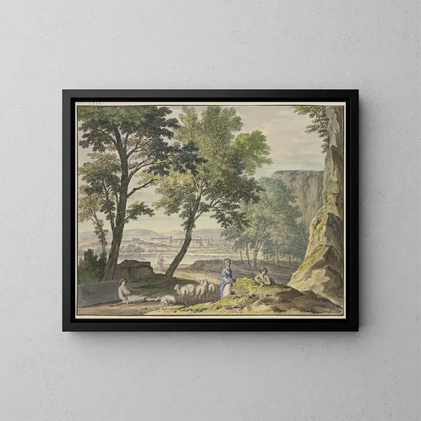 Elegant landskapsmålning med herdar och en stad i fjärran - Jan van Huysum — inramlat konstverk på väggen