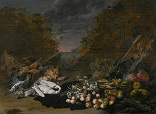 naturtavla med en svan och andra fåglar, kaniner, frukt och grönsaker, och ett landskap i bakgrunden - Jan van Kessel den yngre — vy av konstverket