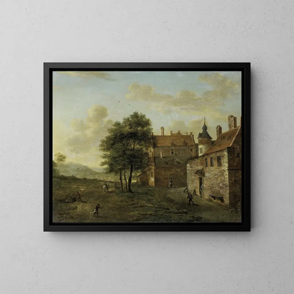 En bondgård - Jan van der Heyden — inramlat konstverk på väggen
