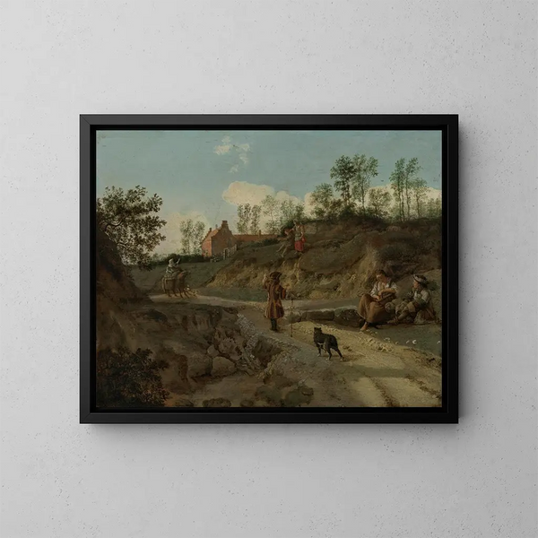 en landsbygd med figurer i samtal - Jan van der Heyden — inramlat konstverk på väggen