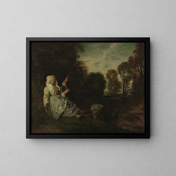 Landskap av kvällen med en spinnerska - Jean-Antoine Watteau — inramlat konstverk på väggen