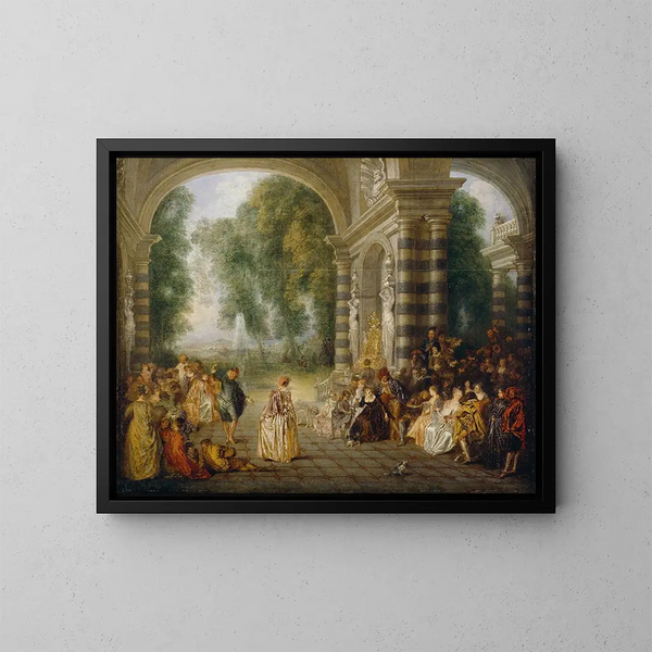 Les Plaisirs du bal - Jean-Antoine Watteau — inramlat konstverk på väggen