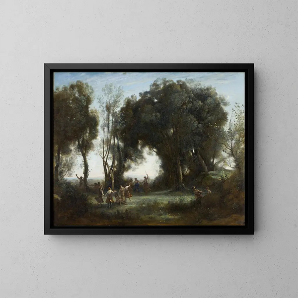 En morgon, nymfens dans - Jean-Baptiste-Camille Corot — inramlat konstverk på väggen