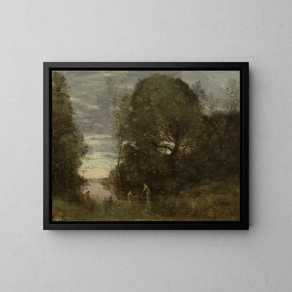 badande kvinnor i en skogsklyfta - Jean-Baptiste-Camille Corot — inramlat konstverk på väggen