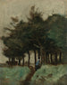 Hålväg och blåklädd gestalt under höga träd — Corot