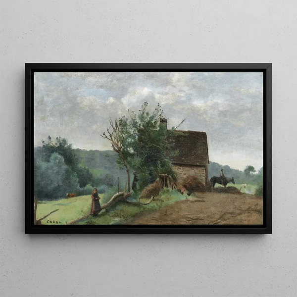 gårdsplan med ryttare och liten flicka i förgrund - Jean-Baptiste-Camille Corot — inramlat konstverk på väggen