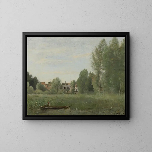 Omgivningar av Mantes, små bostäder gömda bland träden nära vattenkanten - Jean-Baptiste-Camille Corot — inramlat konstverk på väggen