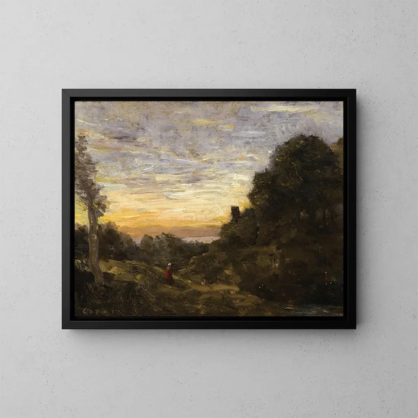 La tour dans les arbres - Jean-Baptiste-Camille Corot — inramlat konstverk på väggen