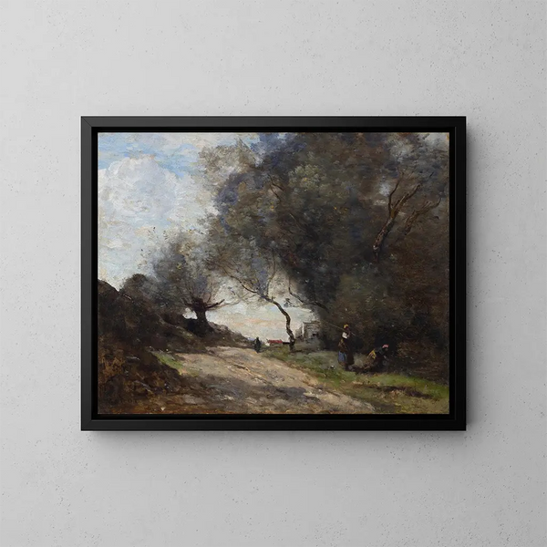 La cueillette au bord du chemin - Jean-Baptiste-Camille Corot — inramlat konstverk på väggen