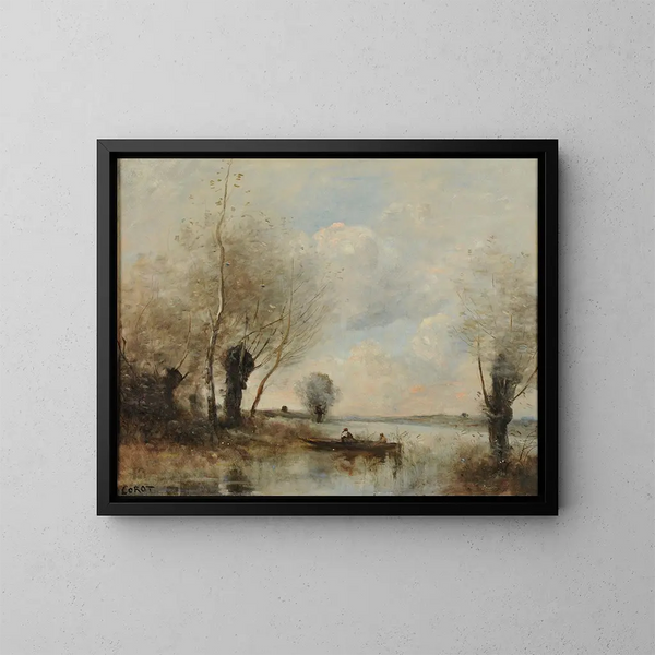 båtfiske vid pilträden - Jean-Baptiste-Camille Corot — inramlat konstverk på väggen