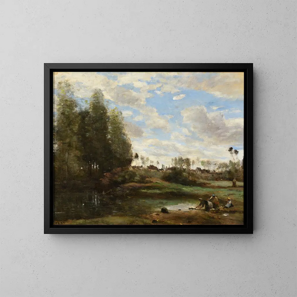 Laveuses au bord de l'eau - Jean-Baptiste-Camille Corot — inramlat konstverk på väggen