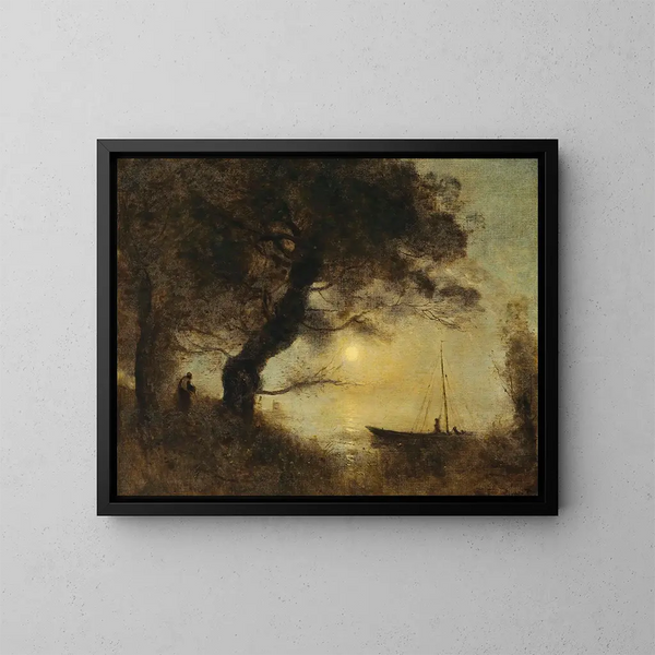 Le Bateau au clair de lune - Jean-Baptiste-Camille Corot — inramlat konstverk på väggen