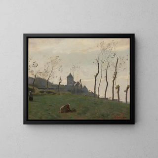 Le Tréport, en hamn och en kyrka - Jean-Baptiste-Camille Corot — inramlat konstverk på väggen