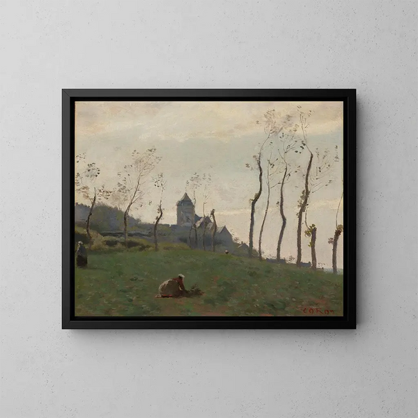 Le Tréport, en hamn och en kyrka - Jean-Baptiste-Camille Corot — inramlat konstverk på väggen