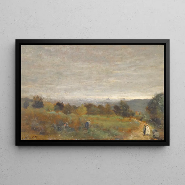 Les Hauteurs de Sèvres, Paris i bakgrunden - Jean-Baptiste-Camille Corot — inramlat konstverk på väggen