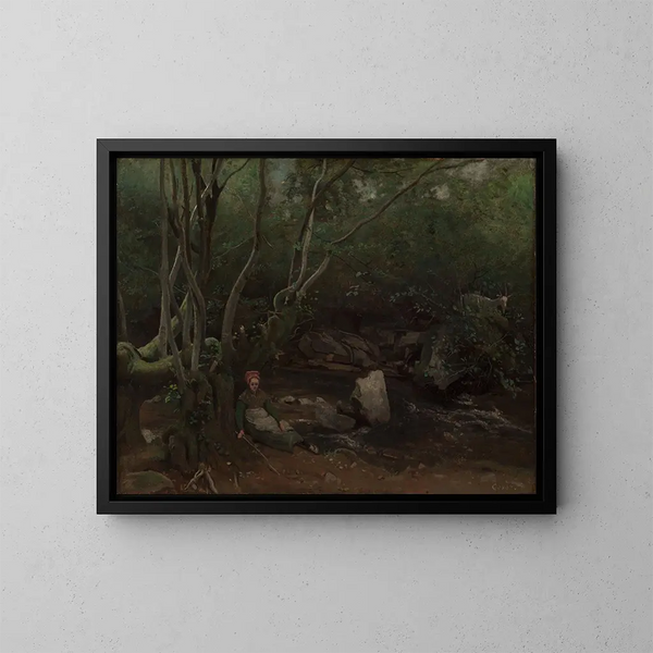 en getflicka sittande bredvid en bäck i en skog - Jean-Baptiste-Camille Corot — inramlat konstverk på väggen