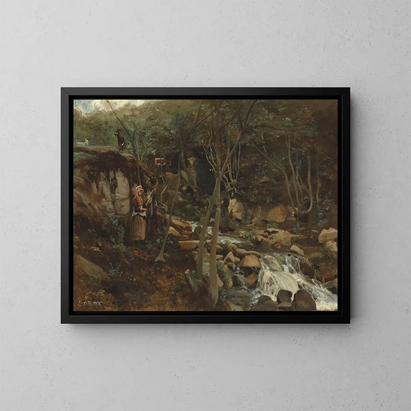 En flod med en stående get som spinner - Jean-Baptiste-Camille Corot — inramlat konstverk på väggen
