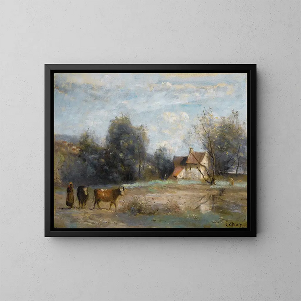 Luzancy, små bondgårdar vid vattnet - Jean-Baptiste-Camille Corot — inramlat konstverk på väggen