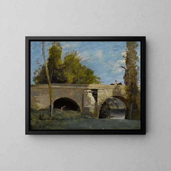 Mantes, två bågar av bron med en ryttare - Jean-Baptiste-Camille Corot — inramlat konstverk på väggen