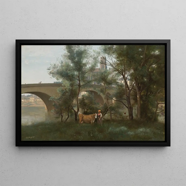 Mantes vid Seine-flodens strand vid foten av bron - Jean-Baptiste-Camille Corot — inramlat konstverk på väggen