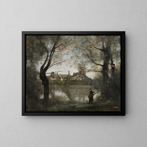 Mantes vid skymningen - Jean-Baptiste-Camille Corot — inramlat konstverk på väggen