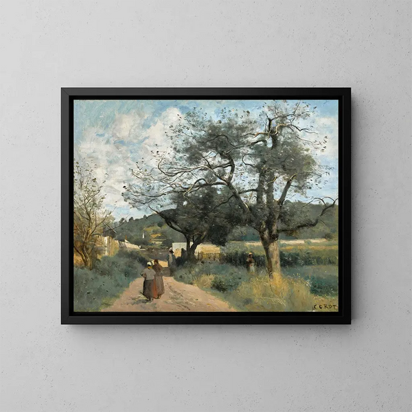 Marcoussis, väg genom fälten - Jean-Baptiste-Camille Corot — inramlat konstverk på väggen