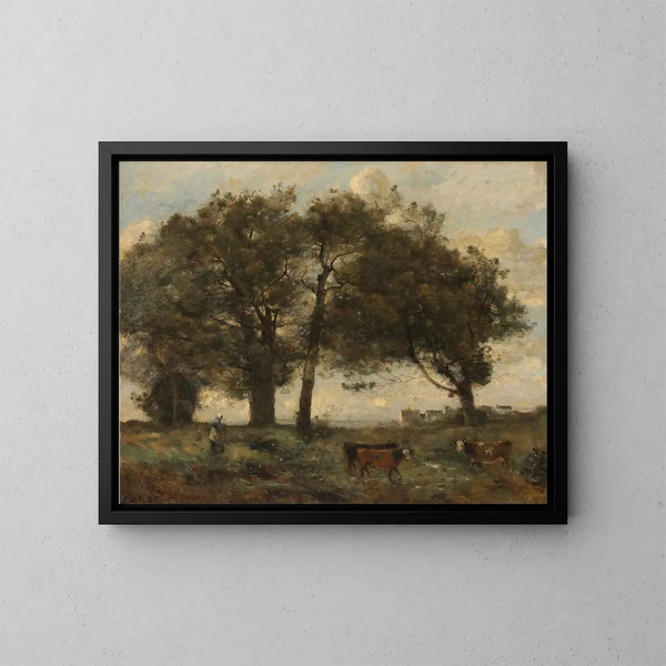 skogsklädda träsk med tre kor - Jean-Baptiste-Camille Corot — inramlat konstverk på väggen