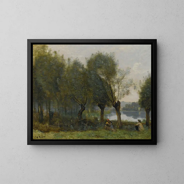Montgeron, Saulaie vid vattnet - Jean-Baptiste-Camille Corot — inramlat konstverk på väggen