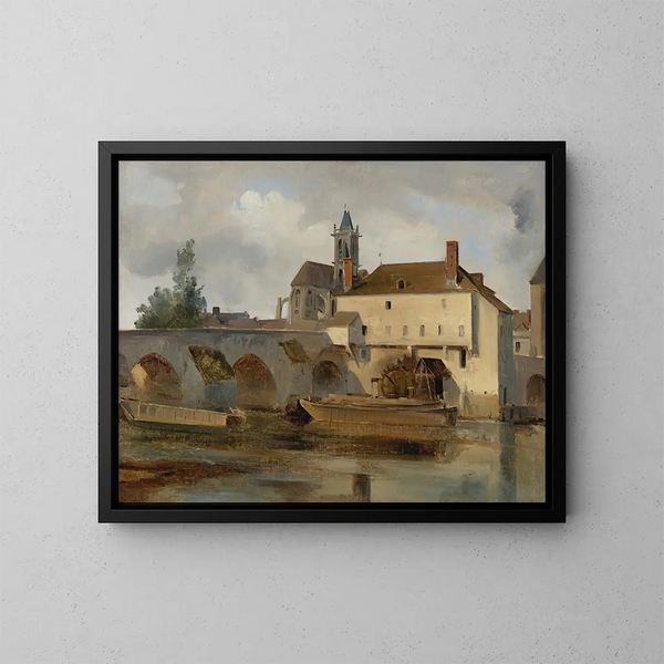 Moret-sur-Loing, bron och kyrka - Jean-Baptiste-Camille Corot — inramlat konstverk på väggen