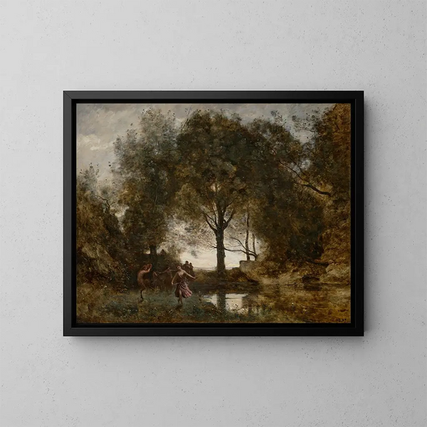 Nymfer och fauner - Jean-Baptiste-Camille Corot — inramlat konstverk på väggen