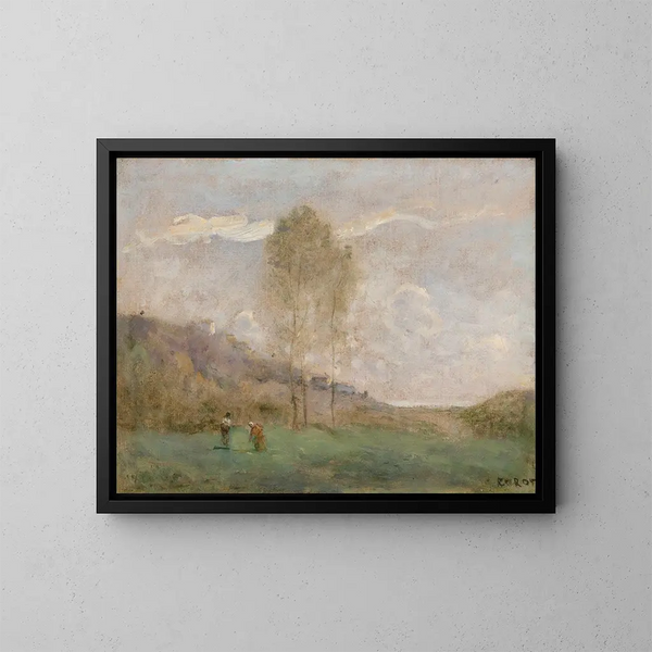 Landskap med höst vid en kust med två personer - Jean-Baptiste-Camille Corot — inramlat konstverk på väggen