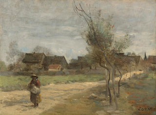 landsbygd på en väg med utsikt över en by - Jean-Baptiste-Camille Corot — vy av konstverket