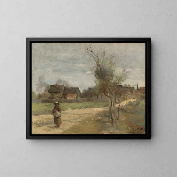 landsbygd på en väg med utsikt över en by - Jean-Baptiste-Camille Corot — inramlat konstverk på väggen