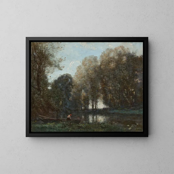 Fiskare förtöjd vid den gröna stranden - Jean-Baptiste-Camille Corot — inramlat konstverk på väggen